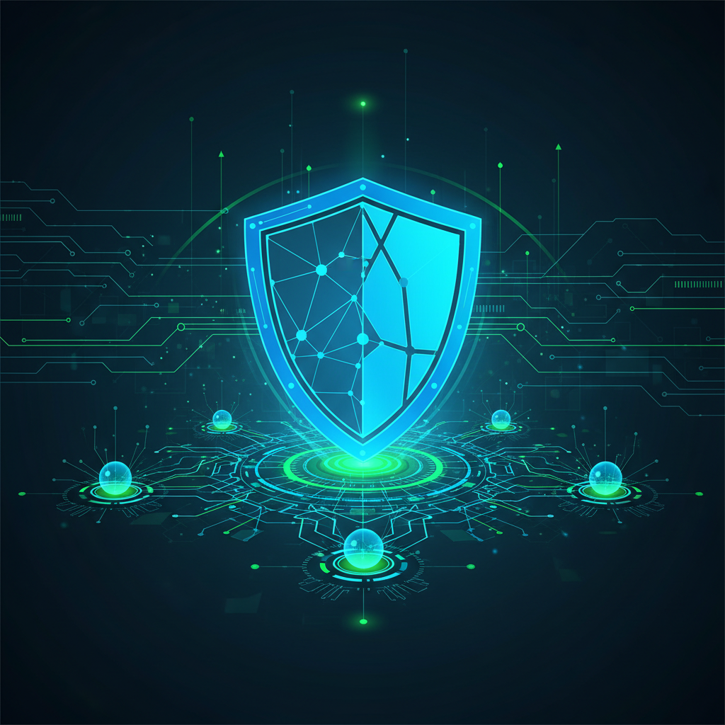 clean infographic, modern layout, high contrast, featuring a digital shield protecting a network of interconnected AI agents, bright blue and green color scheme, technological background, no visible text, centered focus.