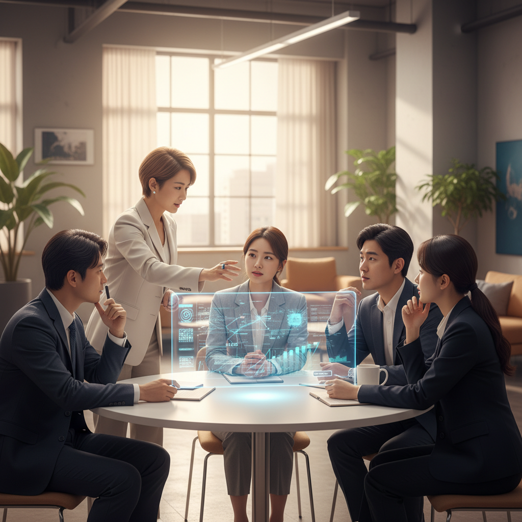 A diverse group of cybersecurity experts (Korean appearance) in a modern, collaborative office setting, engaged in a discussion about AI threats. One person points at a holographic display showing cybersecurity data. Style: lifestyle photography, warm lighting, natural setting, clean composition, natural expressions. No visible text.