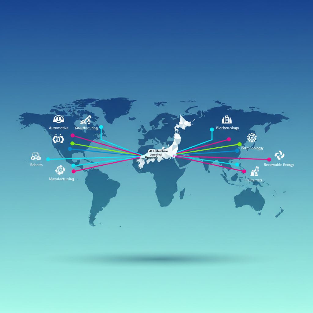 An infographic representing Sakana AI's global expansion strategy. Show a map with Japan as the origin, branching out to various industries and global markets. Use clean lines and a modern color palette. No text, centered focus, gradient background.