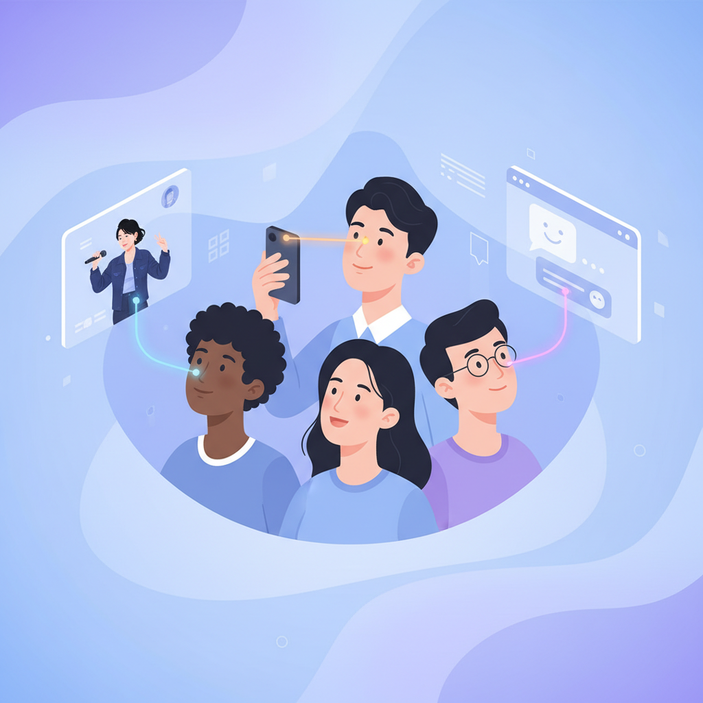 An illustrative infographic showing a diverse group of people (Korean appearance) feeling a connection to various distant figures: a celebrity on a screen, an influencer on a phone, and an AI chatbot interface. The connections are represented by subtle, one-way lines or light. The background is a soft gradient representing the digital age, with minimal visual clutter. Bright, balanced lighting, centered focus, no text.