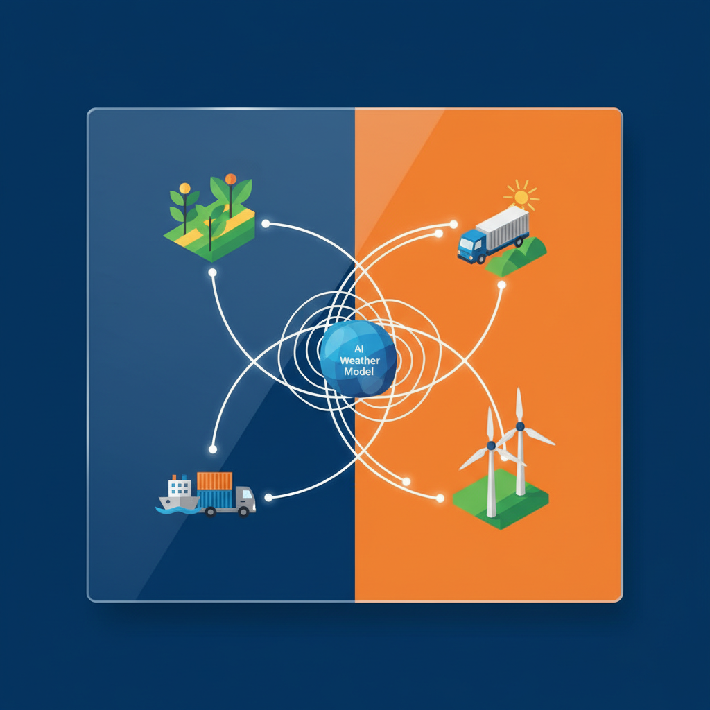 clean infographic, modern layout, high contrast. Overlapping illustrations representing various industries like agriculture (crops), transportation (trucks/ships), and energy (wind turbines), all connected by lines symbolizing data flow from an AI weather model. Colored background. No visible text in image.
