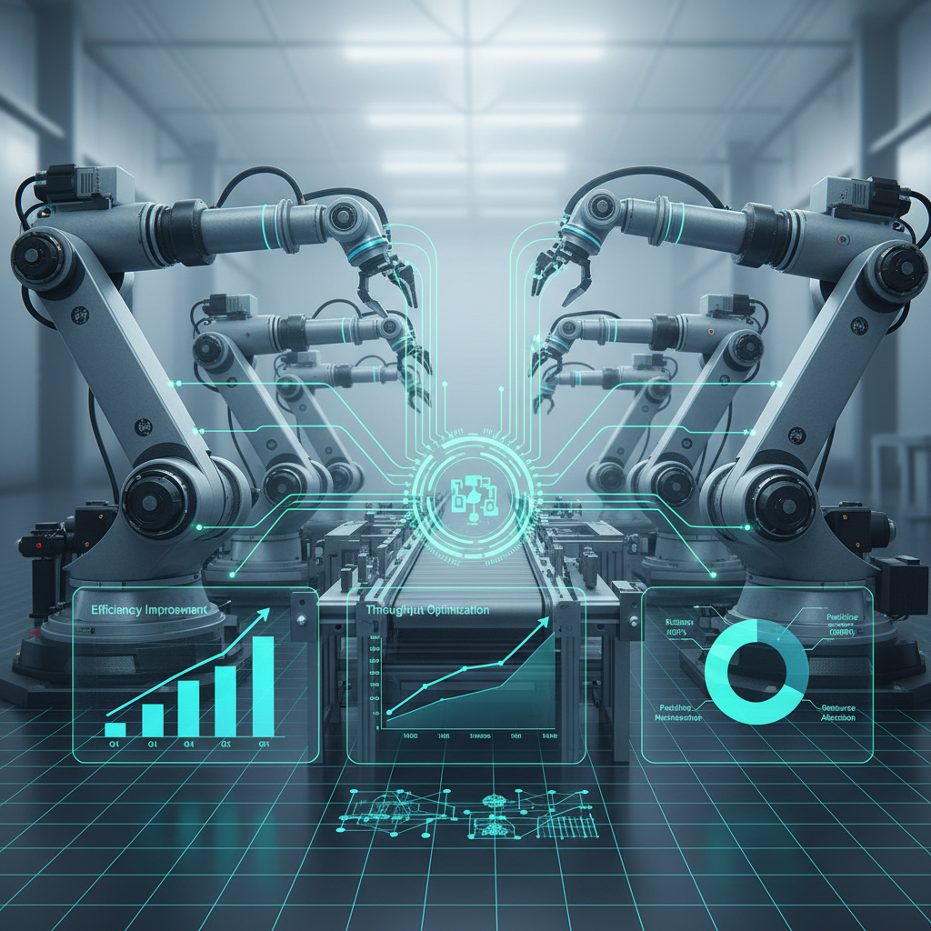 A detailed infographic illustrating data flow and analysis in an industrial AI robotics system. Robotic arms are shown connected to data points, with charts and graphs indicating efficiency improvements. The style is clean and informative. No text in image.