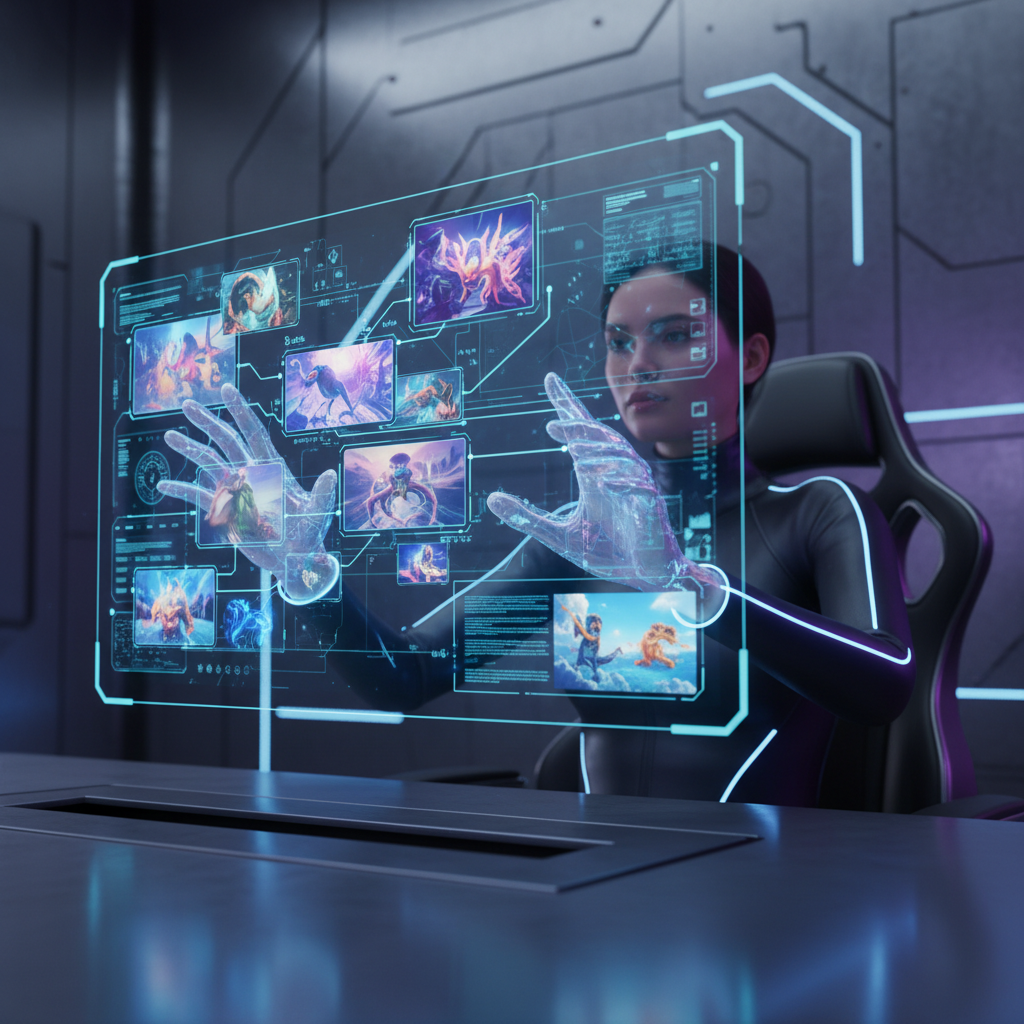 A futuristic workstation with a person interacting with a holographic interface showing creative AI image generation, clean infographic, modern layout, high contrast, soft blue and purple lighting, textured metallic background, focused on the person's hands and the glowing interface. No text.