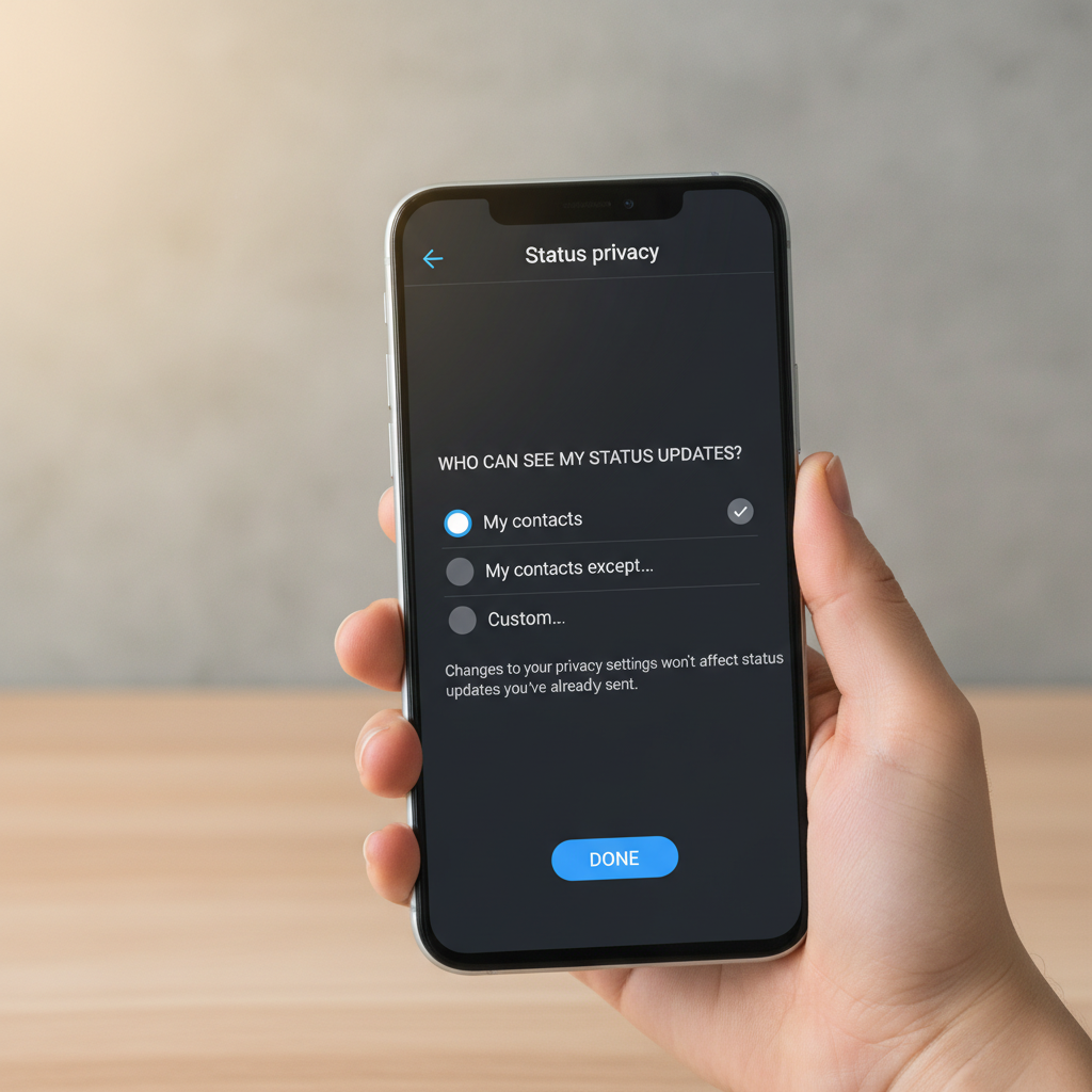 A close-up clean infographic of a hand holding a smartphone, displaying a settings screen for a messaging app's "status update" privacy options. Clear UI elements with English-only minimal text for options like "My Contacts" or "Custom". Bright, focused lighting on the screen. Textured background, full frame. Korean appearance.