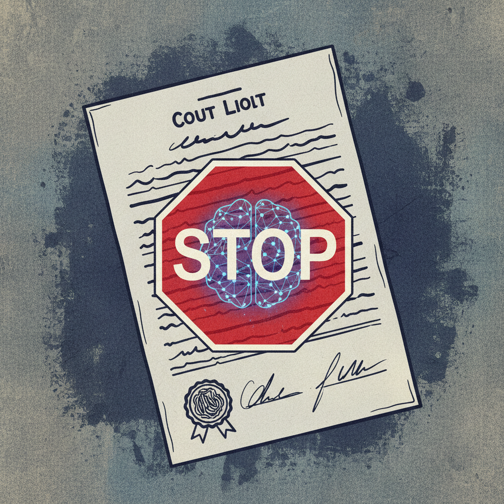 An illustration depicting a stylized legal document or court order with a large red "STOP" sign overlaying a subtle, abstract representation of an AI application logo. The background is a textured, muted color. The overall mood is serious and cautionary. Style: illustration, artistic rendering, textured background. No text.