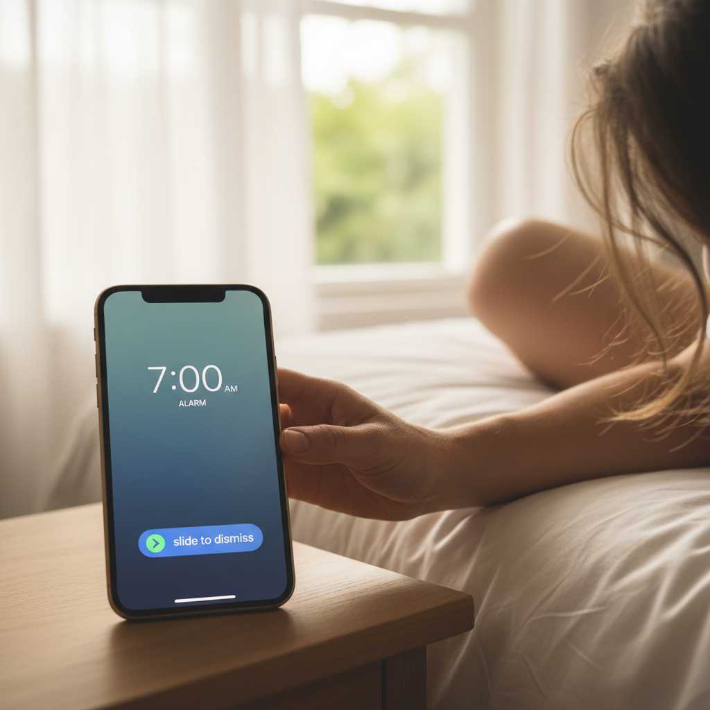 Close-up view of iPhone alarm interface showing snooze button and slide-to-dismiss feature, morning bedroom setting with natural lighting, lifestyle photography