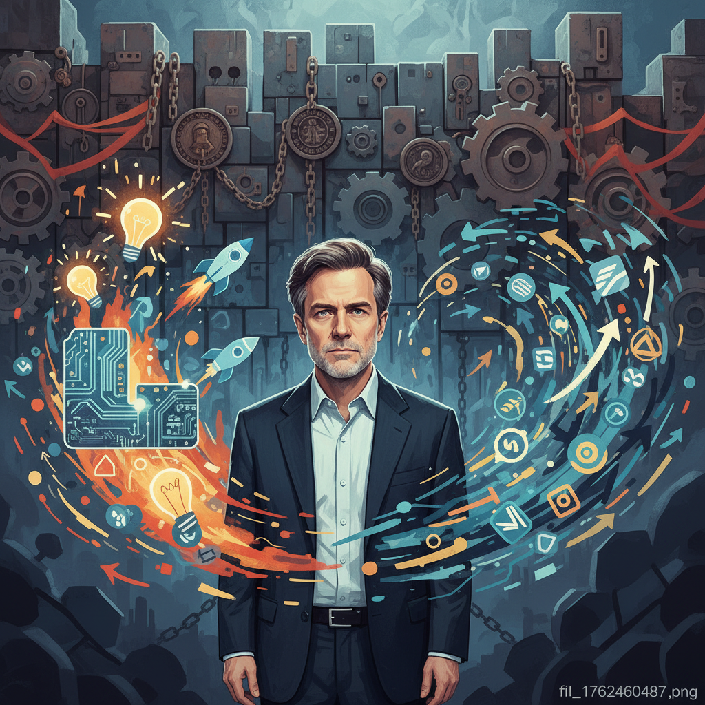 A determined-looking Sam Altman standing firm against a background representing government intervention, with symbols of innovation and market competition. Illustrative style, no text in image, focus on a thoughtful and resolute expression.