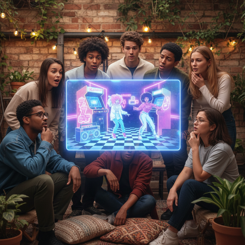 Lifestyle photography of a diverse group of young adults looking at a holographic projection of an idealized 80s or 90s scene, showing both fascination and slight confusion. Warm lighting, natural setting, textured background. No visible text, no Korean characters.