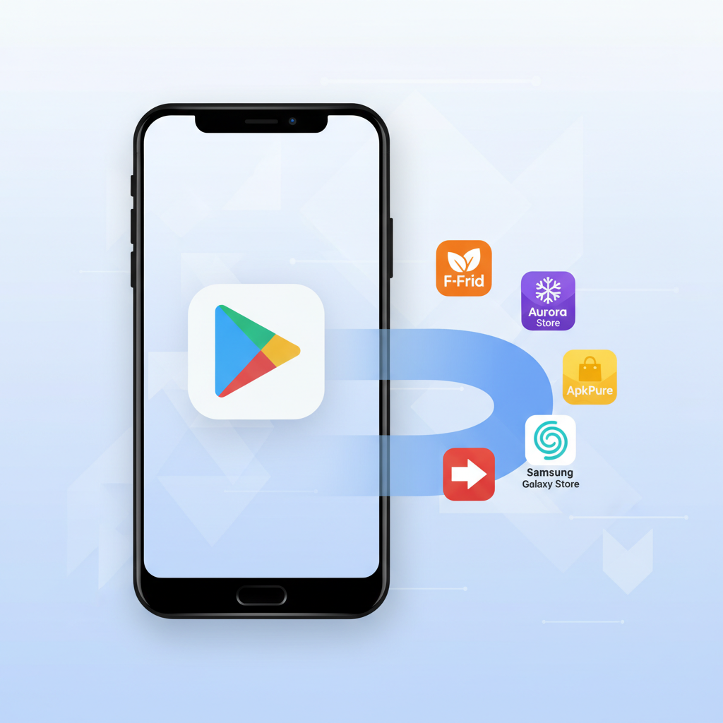 A smartphone screen displaying multiple distinct app store icons alongside the Google Play Store icon, with a visual representation of an open gateway or smooth path leading to these alternative stores, implying easier access. Style: clean infographic. No text.