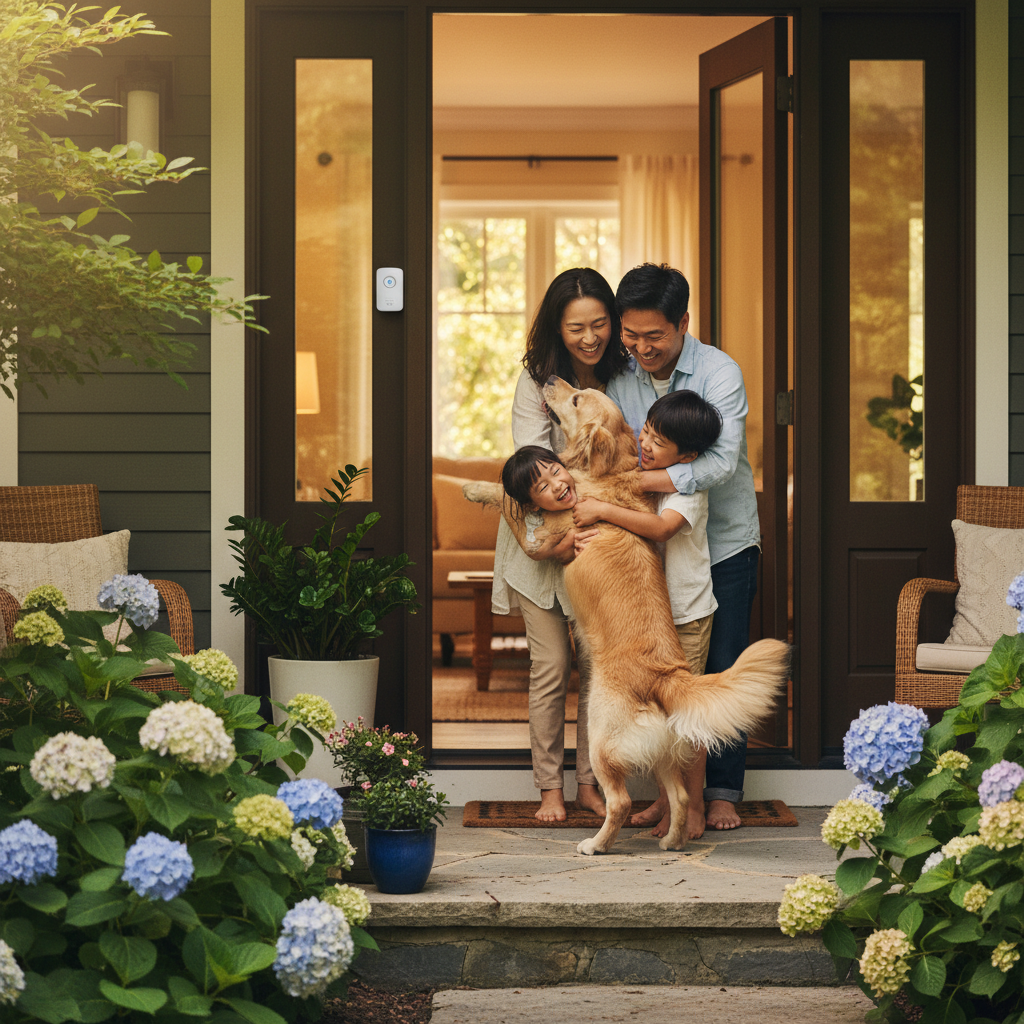 A warm, natural lifestyle photography scene showing a Korean family happily reunited with their lost dog, with a Ring doorbell visible on their front porch. The image emphasizes joy and community, with bright, balanced lighting. The background is a cozy home and garden. No visible text.