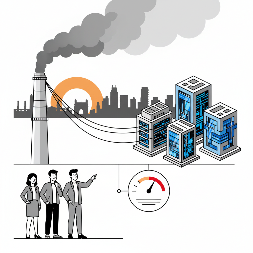 An illustration showing a coal power plant chimney emitting smoke, with electricity lines leading to sleek, modern data center buildings in Mumbai. A subtle energy meter visual indicates high consumption. Korean people in the foreground observing the connection. Style: clean infographic, high contrast. No text.