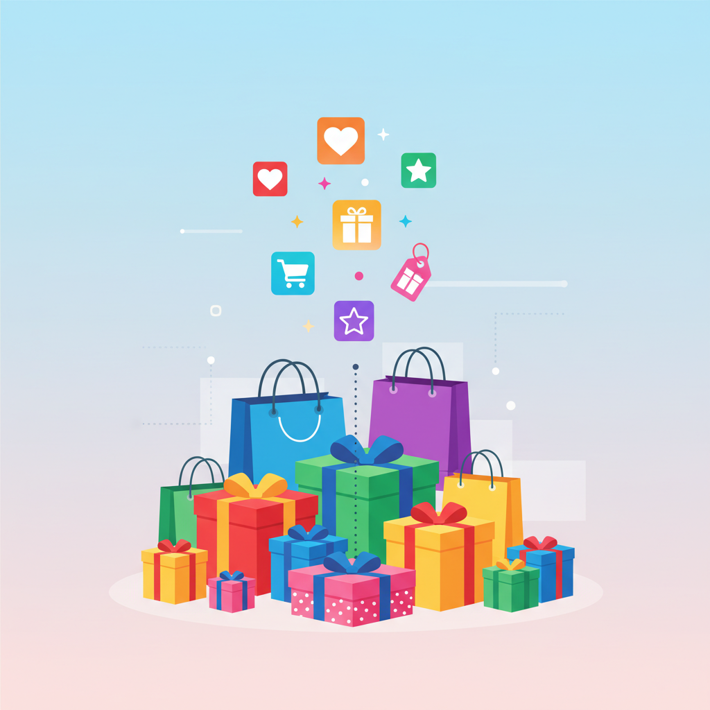 Colorful gift boxes and shopping bags arranged with digital wishlist icons floating above, clean infographic style illustration, vibrant colors, modern e-commerce concept visualization, Korean context, no text in image
