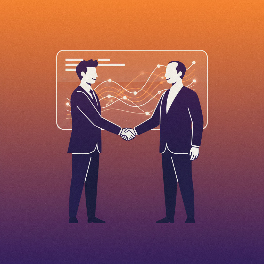 clean infographic, modern layout, high contrast. Two stylized figures (representing Bret Taylor and Clay Bavor) shaking hands in front of a digital screen displaying successful business metrics. Background is a vibrant gradient of purple and orange, symbolizing innovation and partnership. No visible text, no graphs/charts. Textured background, minimal empty space. Focus on collaboration and achievement.