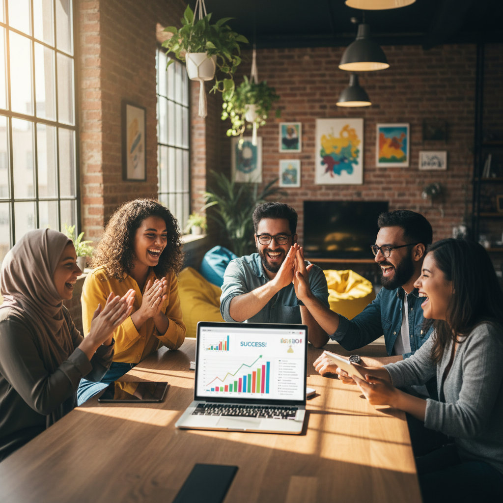 Young diverse entrepreneurs celebrating their app launch success, laptop showing analytics dashboard with growth charts, modern co-working space with startup atmosphere, natural window lighting creating warm glow, authentic lifestyle photography capturing genuine excitement, vibrant background with plants and creative decor, no text