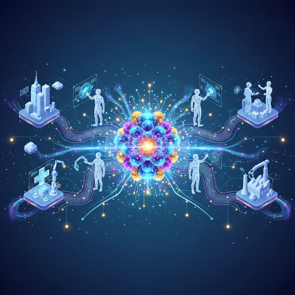 A visually rich infographic depicting the future of AI. Elements include interconnected data nodes, stylized human figures interacting with AI, and a sense of dynamic growth. Bright, balanced lighting, no text.