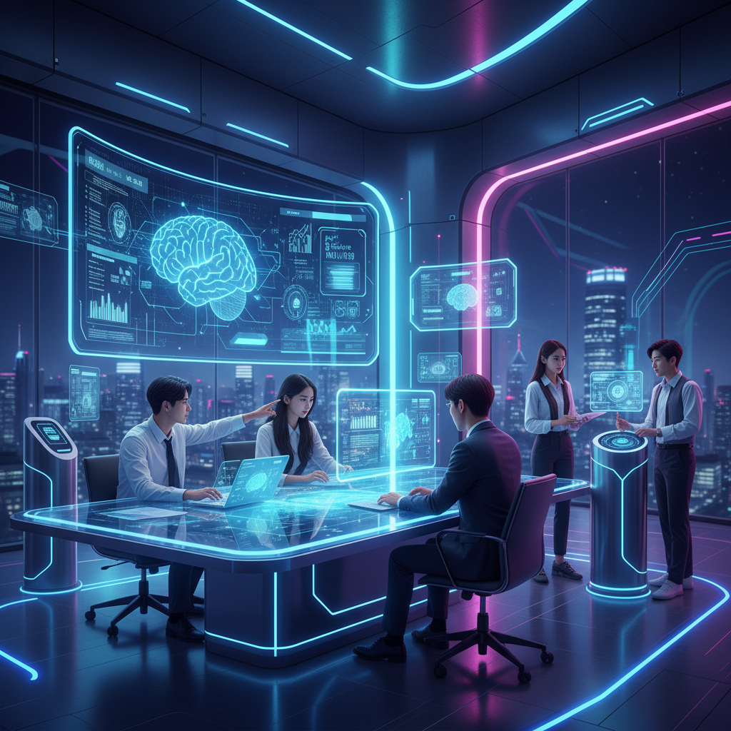 Futuristic startup workspace with Korean team members collaborating on innovative AI projects, dynamic composition showing forward movement and growth, vibrant gradient background with blue and purple tones, modern technology elements naturally integrated, inspirational atmosphere with bright balanced lighting