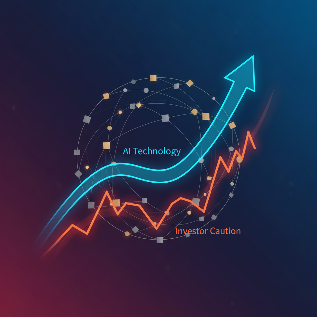 A clean infographic showing the global stock market with an upward trending line for AI technology and a downward trending line for investor caution. Use modern layout and high contrast. Colored background. No visible text in image.