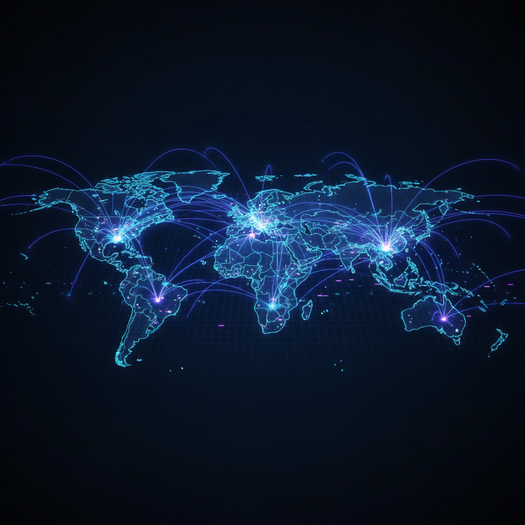 A sophisticated visualization of global network expansion across continents, glowing connection lines linking major cities in Europe, Middle East, and Asia-Pacific, digital world map with vibrant neon blue and purple nodes, futuristic technology aesthetic, dark background with illuminated pathways, cinematic lighting, high detail