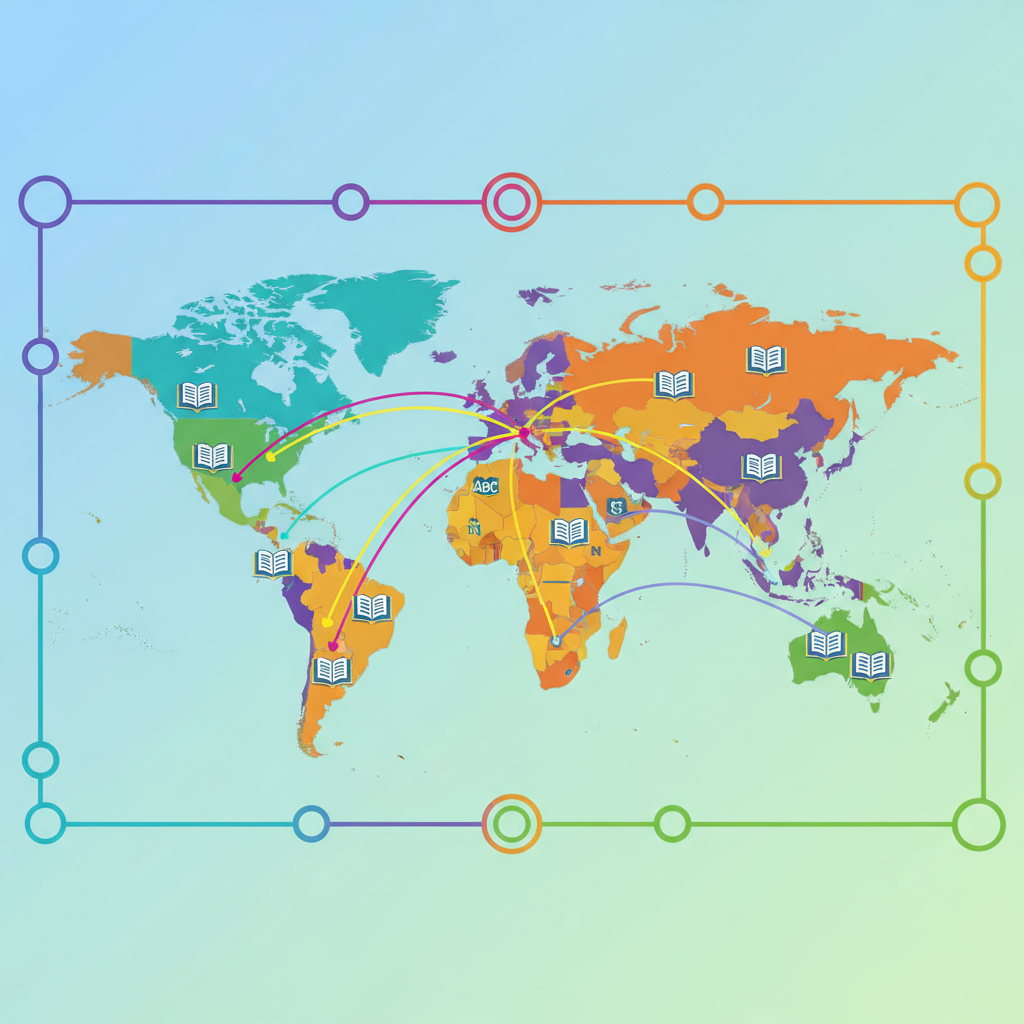 A colorful infographic-style illustration showing a world map with book icons and language symbols connecting different regions, highlighting global ebook distribution, modern flat design with emphasis on English, Spanish and German speaking countries, vibrant colors filling the frame, no text in image