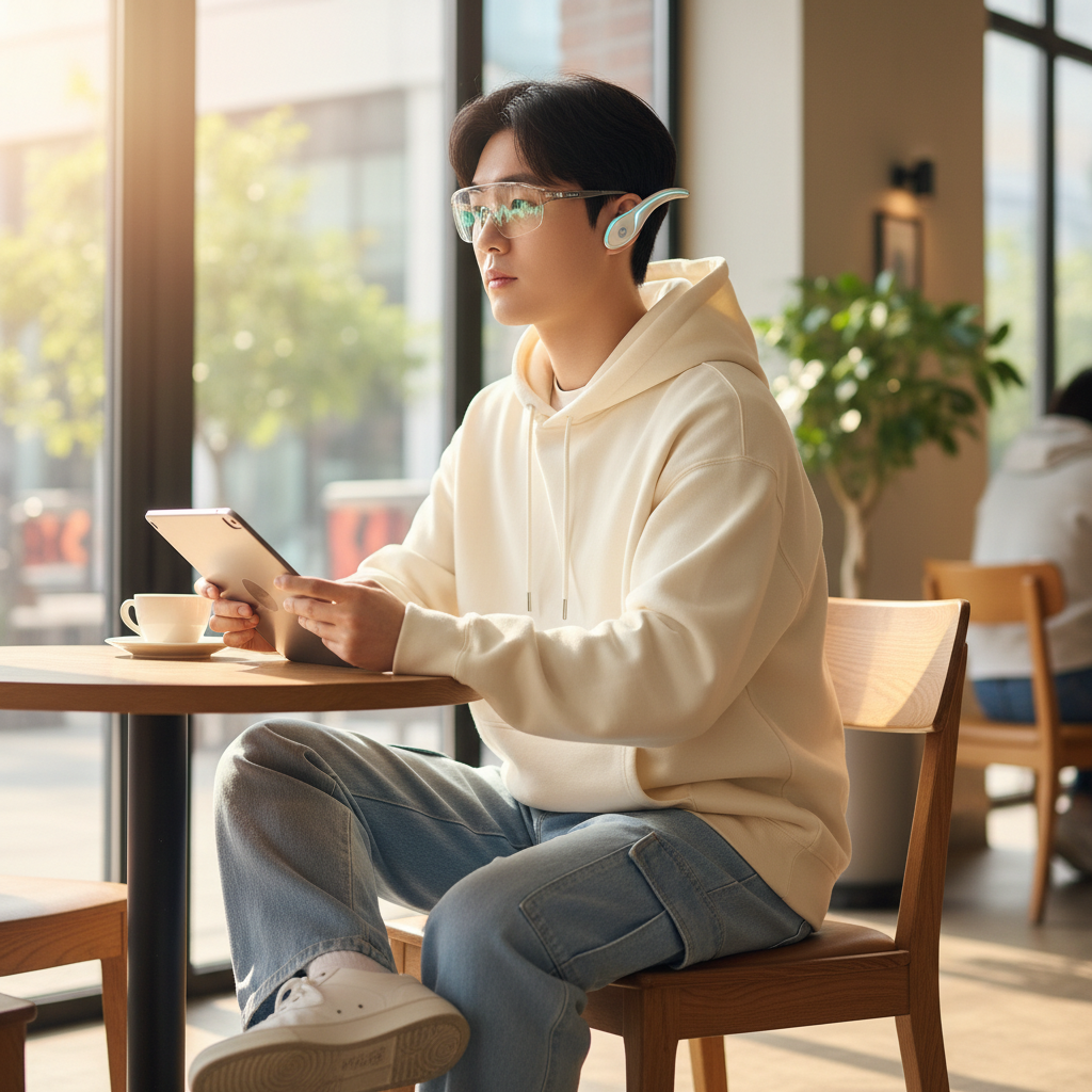 Young Korean person wearing futuristic neurotechnology earbuds and smart glasses, casual modern setting, lifestyle photography showing brain-computer interface devices naturally integrated into daily life, soft natural lighting, no text in image
