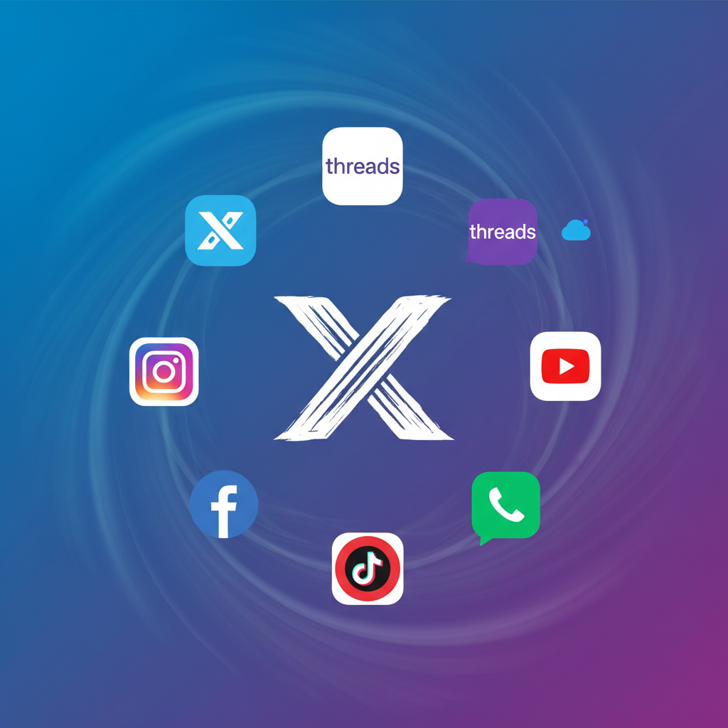 A dynamic infographic showing various social media app logos (X, Threads, Bluesky, etc.) circling a central, strong 'X' logo. The background is a gradient of blue and purple, suggesting a digital landscape. Korean appearance, natural expression, centered focus, visually rich, no empty margins, no visible text.