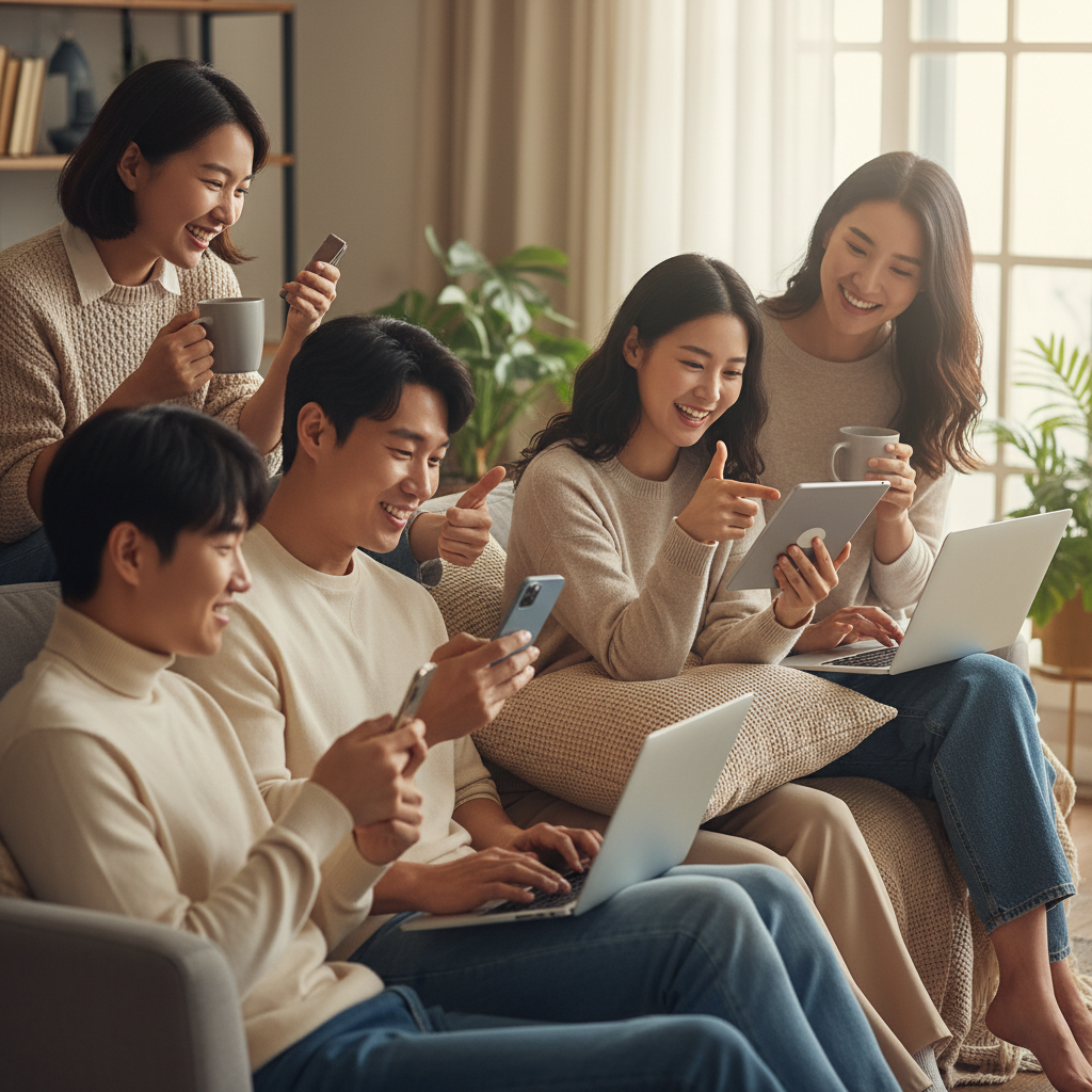 People having positive online conversations through social media on their devices, warm and friendly atmosphere, lifestyle photography, natural indoor lighting, diverse group of Korean users engaging with content, collaborative and respectful interaction scene, no text in image