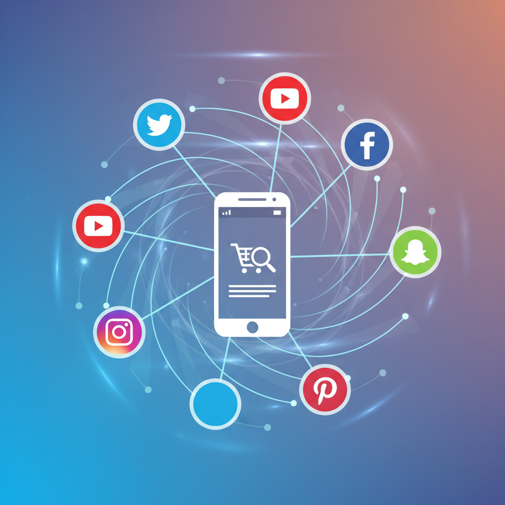 Digital marketing concept showing multiple social media platform icons connected to shopping app interface, modern clean infographic style, bright colors, professional business visualization, no text in image