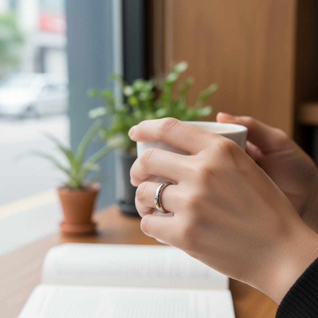 A close-up lifestyle photograph of a sleek silver smart ring worn on an index finger of a Korean person's hand, modern minimalist design, natural indoor lighting, subtle tech aesthetic, hand in casual gesture, no text in image