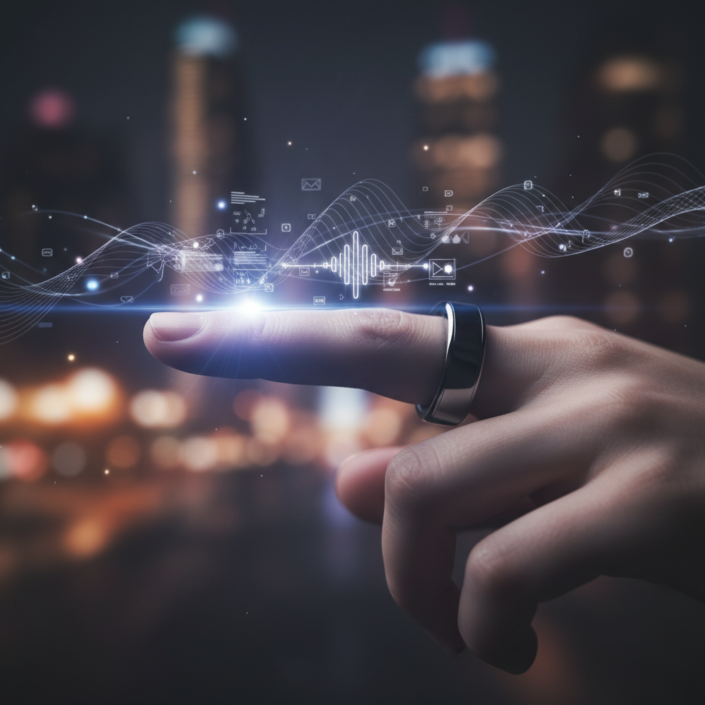 A sleek smart ring worn on an index finger, emitting subtle holographic interface elements or voice wave patterns, indicating seamless interaction with future technology. The background is softly blurred, emphasizing the ring and its capabilities. Style: futuristic lifestyle photography. No text.
