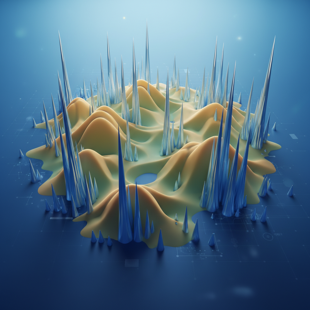 An abstract infographic showing a "loss landscape" with sharp spikes representing memorization and rolling hills representing reasoning pathways in an AI neural network. The background is a scientific blue gradient. No visible text.