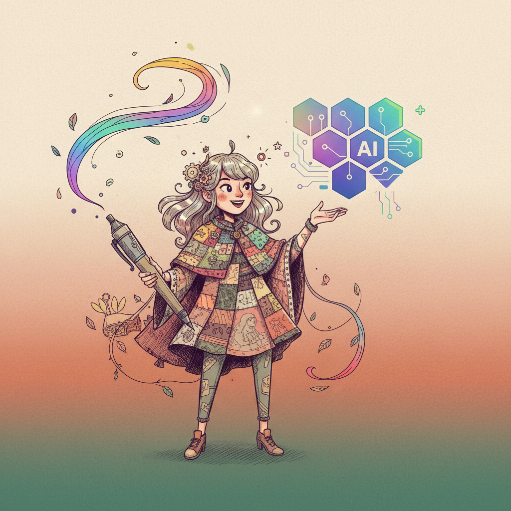 An artistic illustration contrasting a meticulously hand-drawn, whimsical indie game character with abstract, clean infographic elements symbolizing AI technology. The character has a Korean appearance, expressing creativity. The background features a textured gradient of earthy tones and soft pastels, filling the entire frame. No visible text.