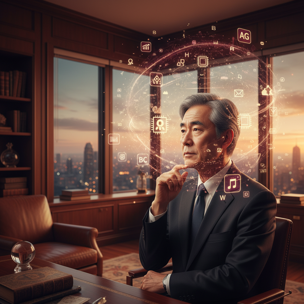 A thoughtful portrait-style image of an Asian businessman in his late 60s looking at holographic AI and technology symbols floating around him, warm office lighting with cityscape view through windows, rich burgundy and gold tones, contemplative atmosphere, lifestyle photography, no text