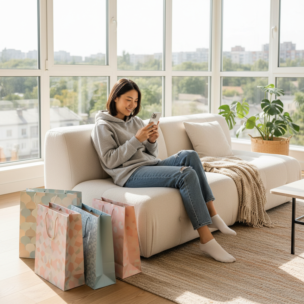 A young Asian woman in casual clothing sitting comfortably on a couch using a smartphone for online shopping, shopping bags nearby, bright living room interior, natural window light, lifestyle photography, genuine expression of satisfaction, modern home setting, no text in image