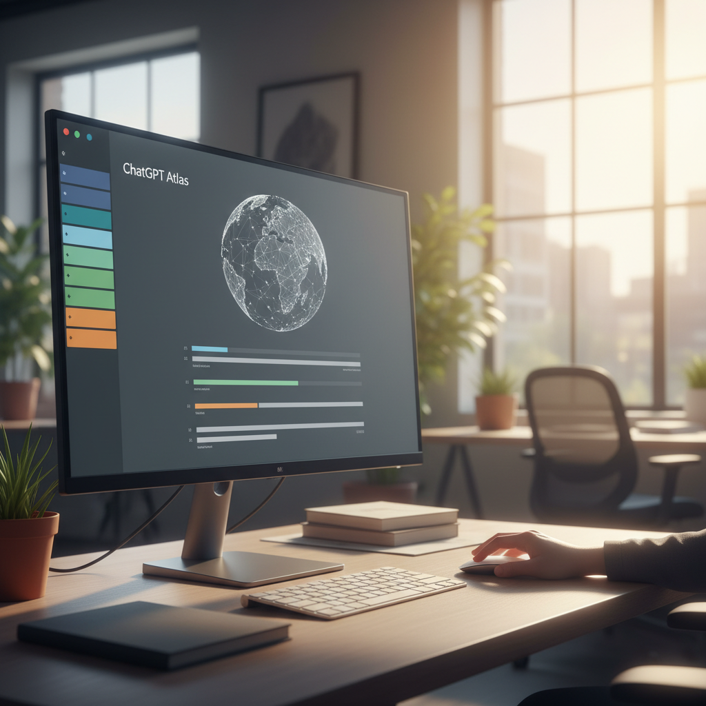 A user interacting with ChatGPT Atlas, featuring the new vertical tabs on the left sidebar. The user's hand is near the mouse, subtly indicating interaction. The background is a modern office setting with warm, balanced lighting. Emphasize user productivity and a streamlined interface. No visible text.