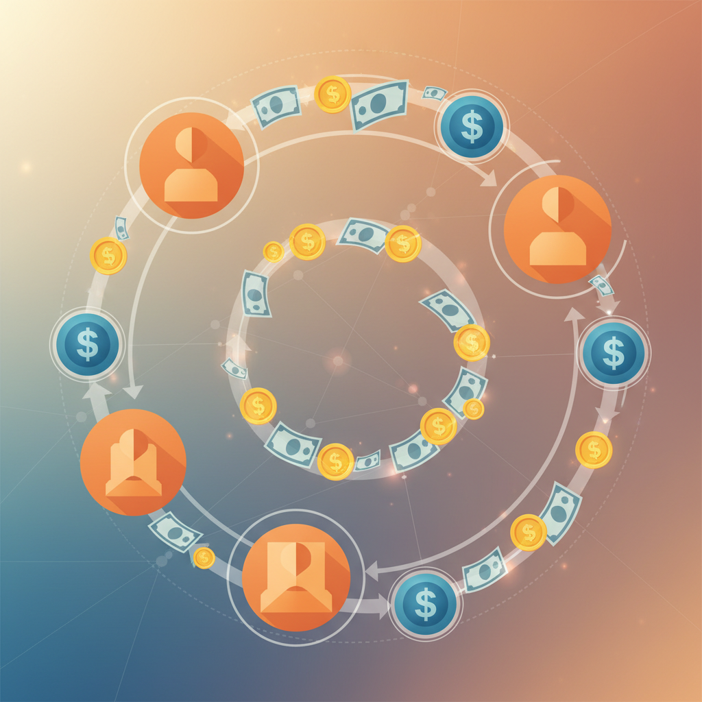 Conceptual illustration of money flowing in circles between corporate entities, showing investment loop with coins and dollar bills moving through connected nodes representing companies, business infographic style with warm orange and cool blue tones, dynamic composition, no text in image
