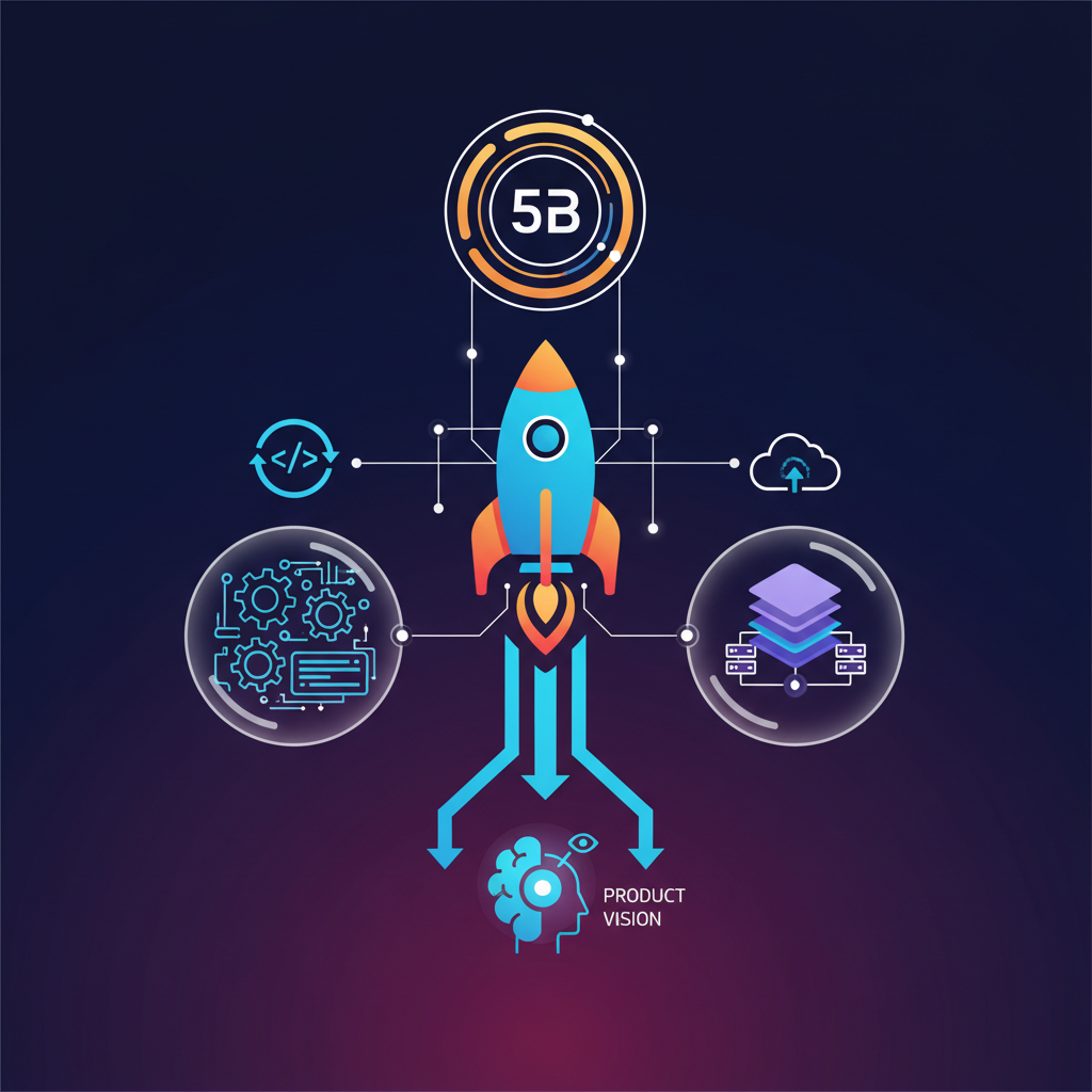A vibrant, modern infographic illustrating the concept of a fast-growing tech startup achieving a high valuation (e.g., $5 billion) by focusing on core product vision, with elements of open-source development and cloud infrastructure. Style: clean infographic, modern layout, high contrast. Colored background. No visible text in image.