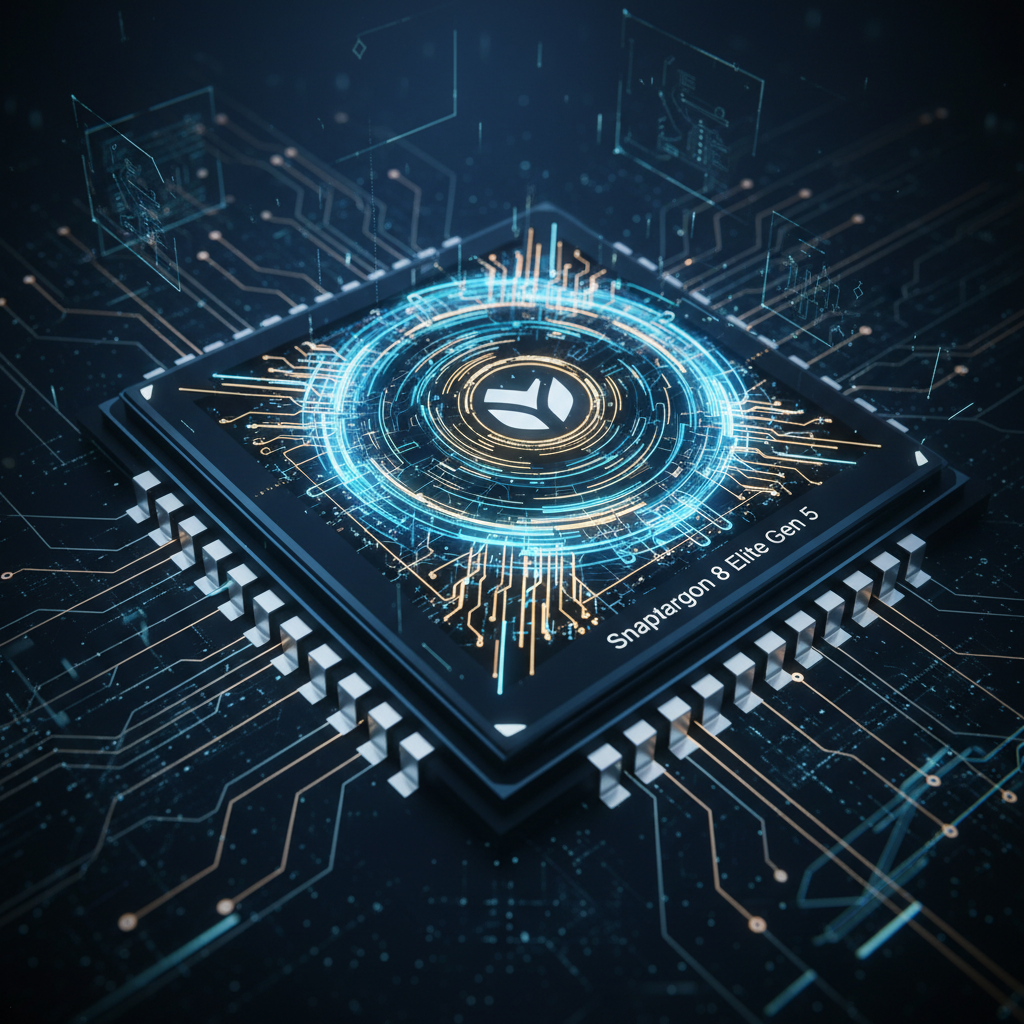 A dynamic and futuristic image representing a powerful smartphone processor, Snapdragon 8 Elite Gen 5, with intricate circuit patterns and glowing lines, suggesting immense speed and performance. Set against a dark, tech-inspired background with digital elements. No text, clean infographic style.