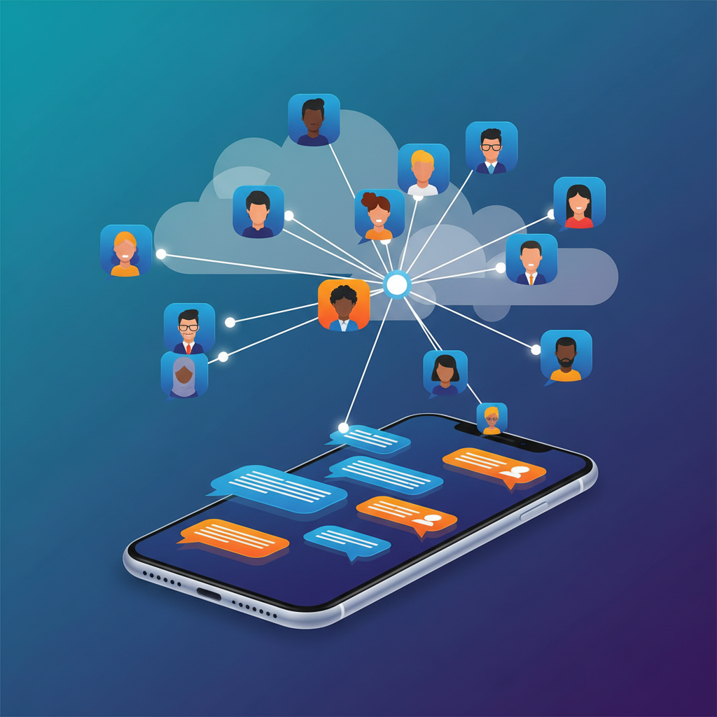 clean infographic, modern layout, high contrast. A diverse group of people engaging in a public online discussion, represented by chat bubbles and connected lines. A mobile phone with a chat interface in the foreground. Bright, balanced lighting, colored background. No visible text.