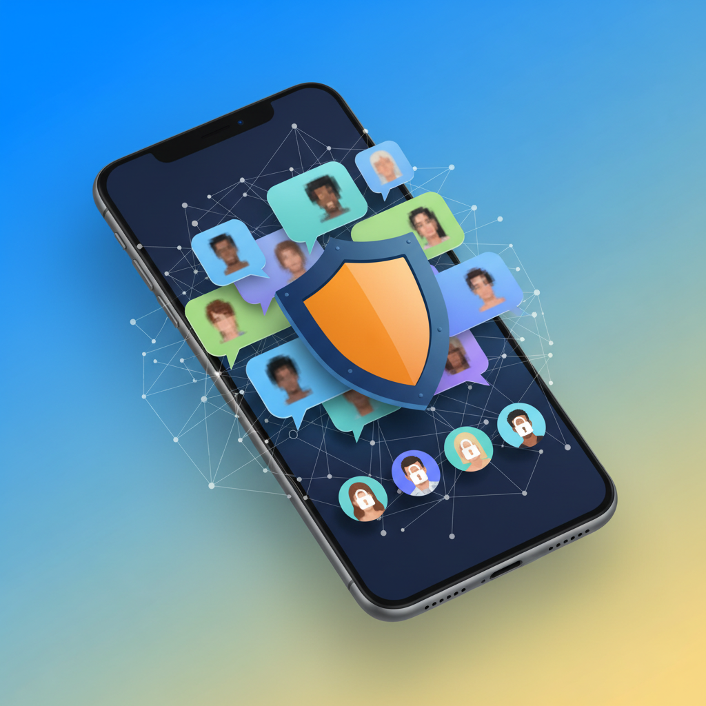clean infographic, modern layout, high contrast. A stylized representation of a shield icon protecting multiple chat bubbles on a mobile phone screen. Diverse user avatars are visible, but their profiles are blurred or locked, indicating privacy. The background features subtle network lines suggesting connections. Bright, balanced lighting, colored background. No visible text.