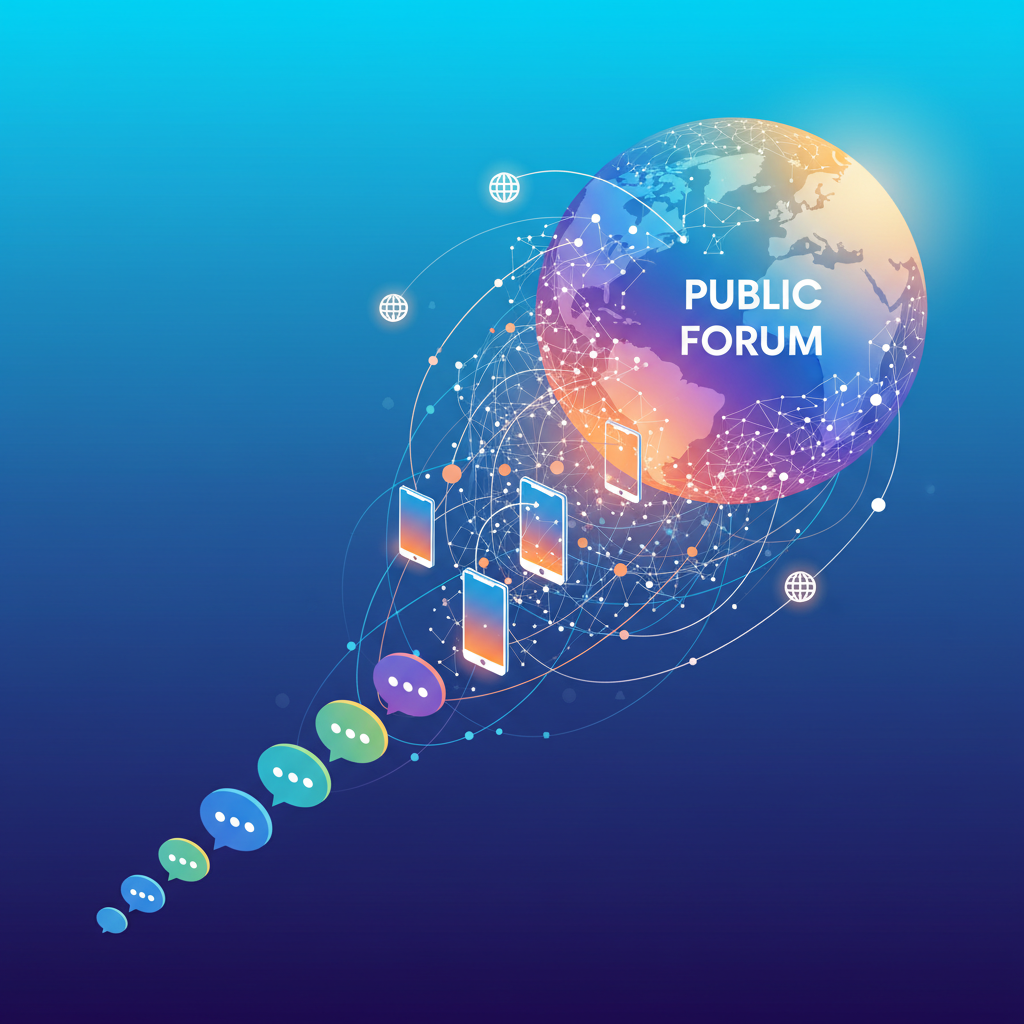 clean infographic, modern layout, high contrast. A dynamic illustration showing a flow from small private chat bubbles expanding into a large, interconnected public forum. Mobile phones are integrated into the network, demonstrating global reach and new feature rollout. Bright, balanced lighting, colored background. No visible text.