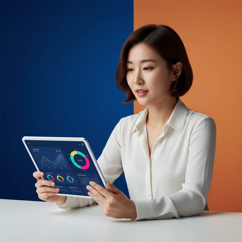 A modern user interface of the Threads app displaying analytics and insights for a podcast, with charts and data. A Korean creator is looking at it on a tablet. Clean infographic, modern layout, high contrast, colored background. No visible text.