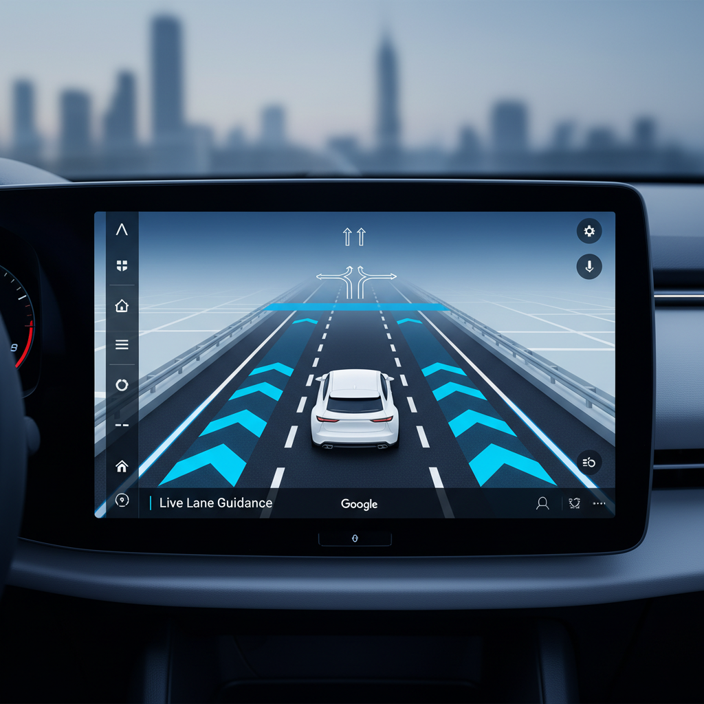 A clean infographic illustrating a car dashboard displaying advanced Google Maps live lane guidance. Show lane markings and directional arrows clearly. The car is sleek and modern, representing a Polestar 4. Style: clean infographic, no text.