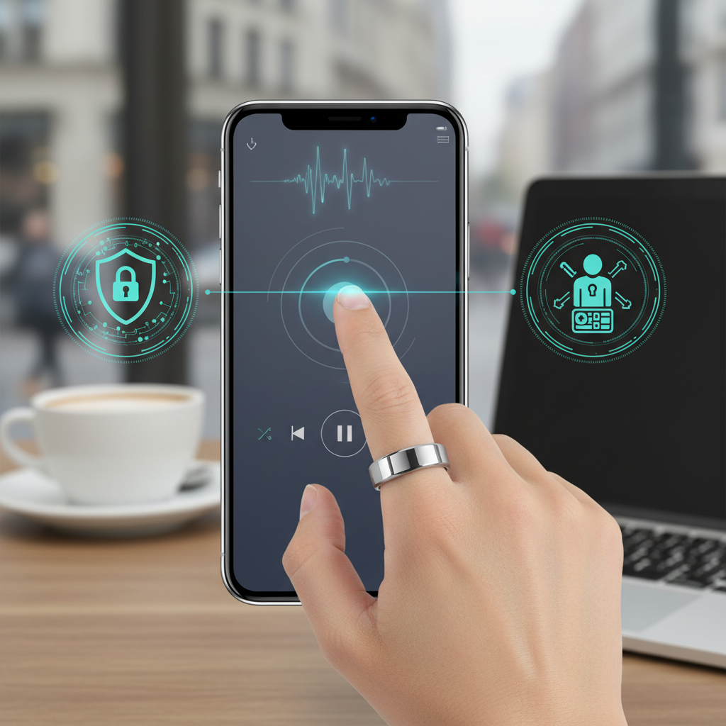 A hand wearing a smart ring with its flat surface appearing to control music playback on a smartphone screen in the background. Adjacent to this, subtle visual cues or icons representing data encryption and user control over personal information, emphasizing security features. Style: clean infographic with lifestyle elements. No text.