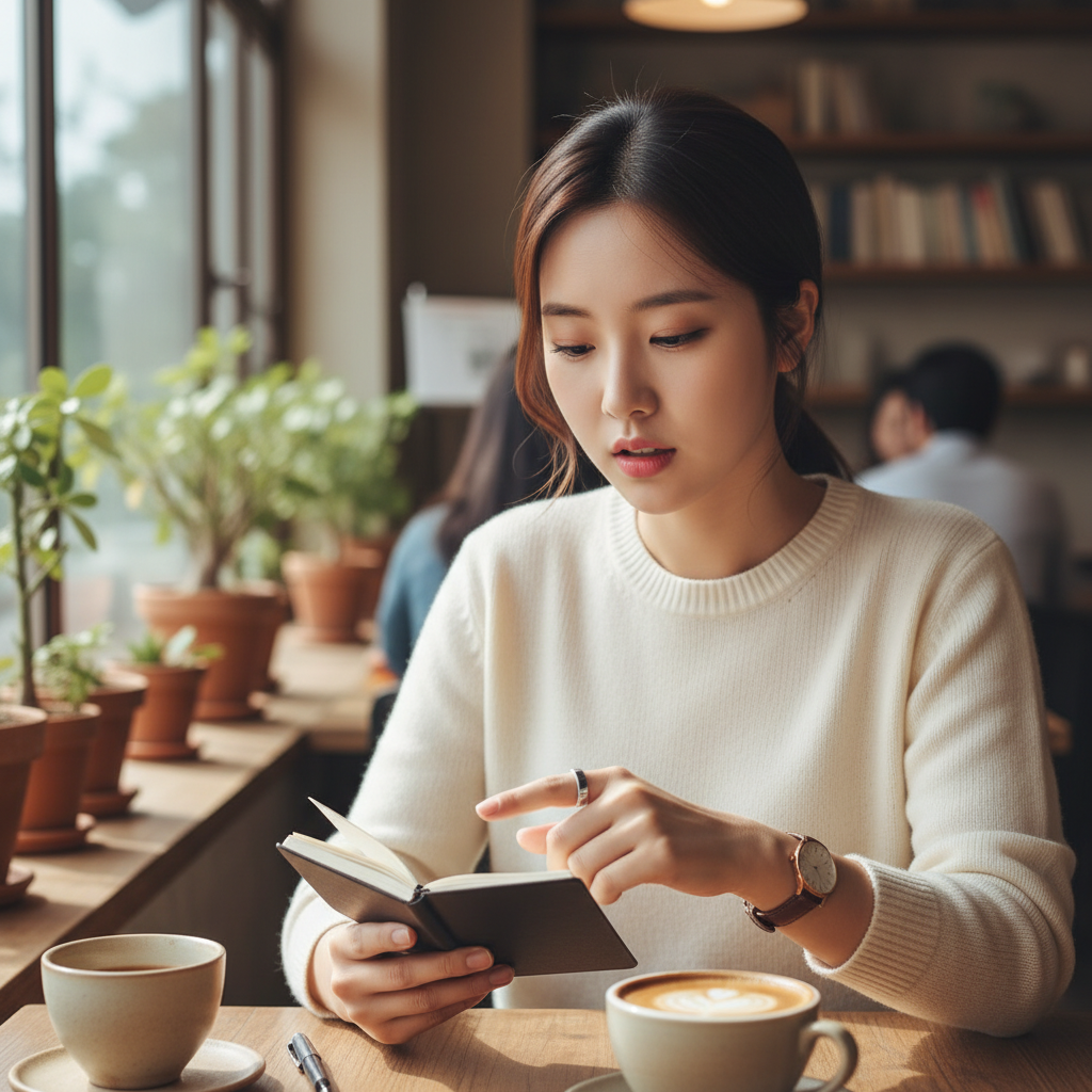 A young Korean woman wearing a smart ring on her index finger, subtly pressing the touchpad to record a voice note. She is in a cafe, looking natural and focused. The atmosphere is calm. Lifestyle photography, soft lighting, no text.