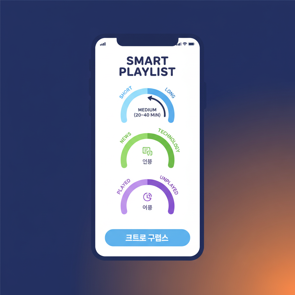 An infographic illustrating "smart rules" being set on a podcast app for automated playlist creation, showing filter options like episode length, topic, and status (played/unplayed). Clean layout, high contrast, colored background. Korean appearance, natural expression. No visible text.