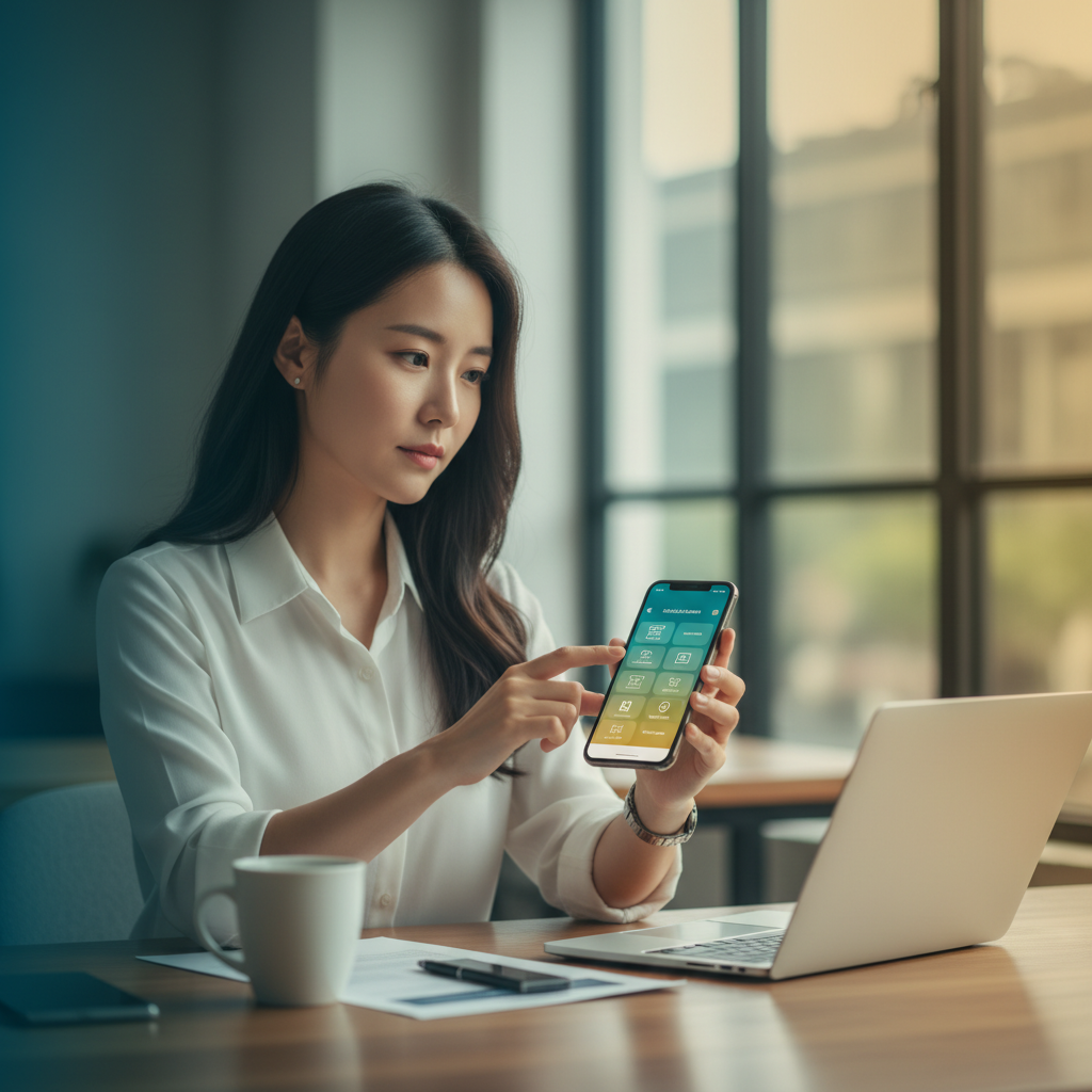 Korean user interacting with smartphone AI assistant in modern office setting, phone screen showing contextual suggestions interface, professional workspace with laptop and coffee, natural daylight from window, warm ambient atmosphere with teal and gold gradient background, lifestyle photography, no text