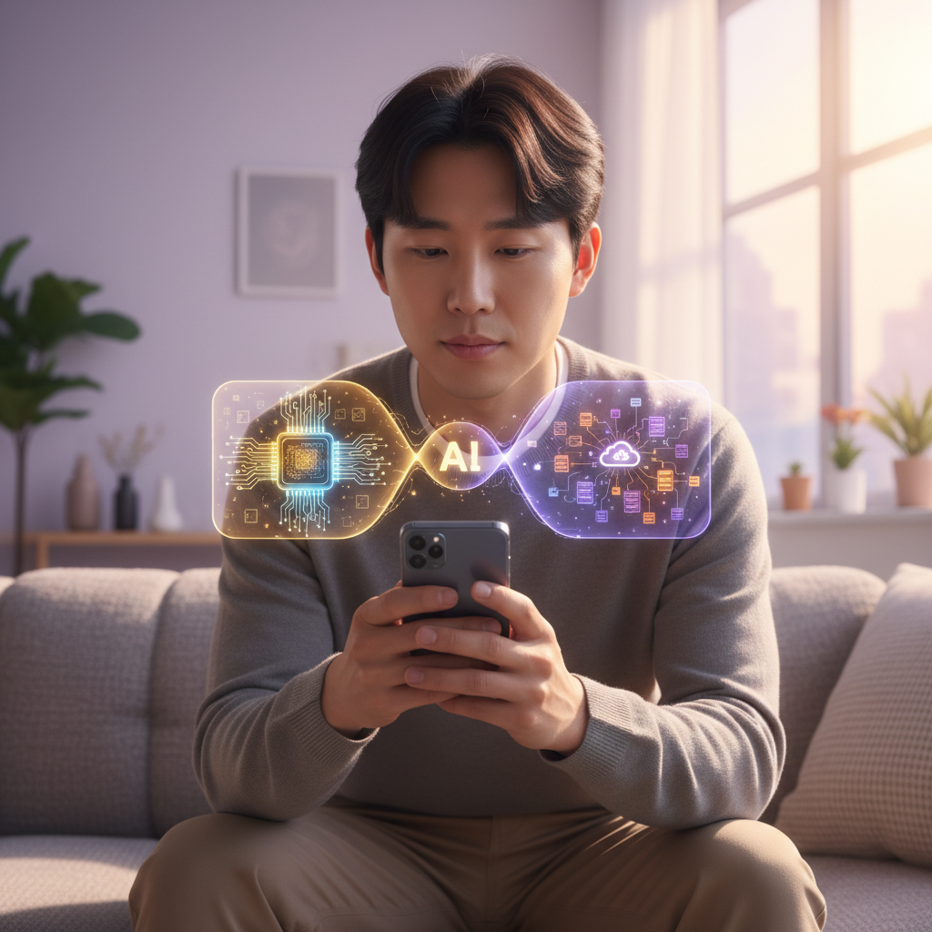 Modern smartphone with AI chip visualization, showing dual processing concept with on-device and cloud elements, Korean person holding phone in lifestyle setting, warm natural lighting, contemporary indoor environment with soft purple and orange gradient background, realistic photography style, no text