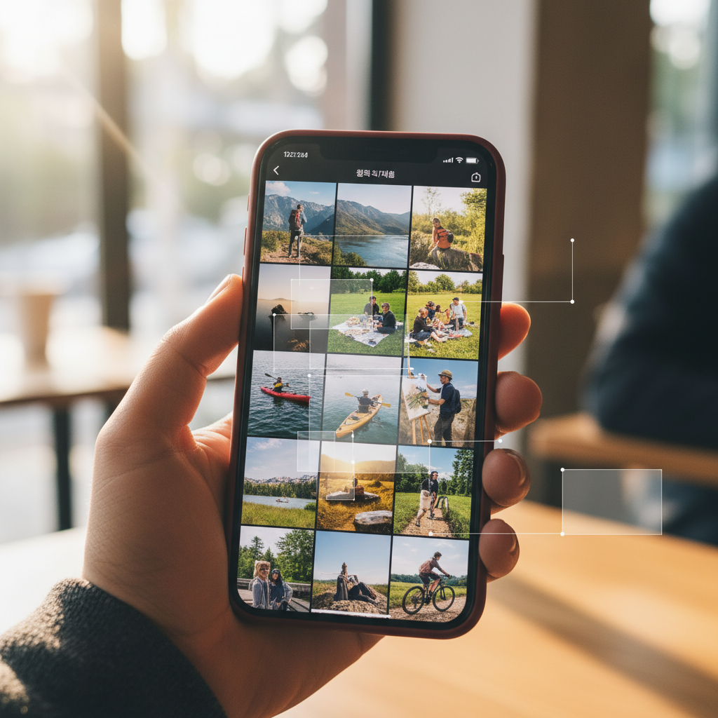 Smartphone camera roll displaying various lifestyle photos with subtle AI analysis overlay, realistic photography style, natural lighting, Korean person's hand holding phone, colorful photo thumbnails showing outdoor activities and hobbies, no text in image