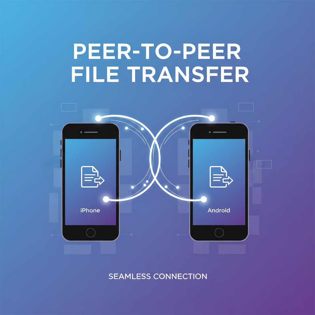Two smartphones, one an iPhone and one an Android device, engaged in a seamless peer-to-peer file transfer. Wireless signals visibly connecting them. Style: clean infographic, modern layout, high contrast. Background: gradient blue and purple.