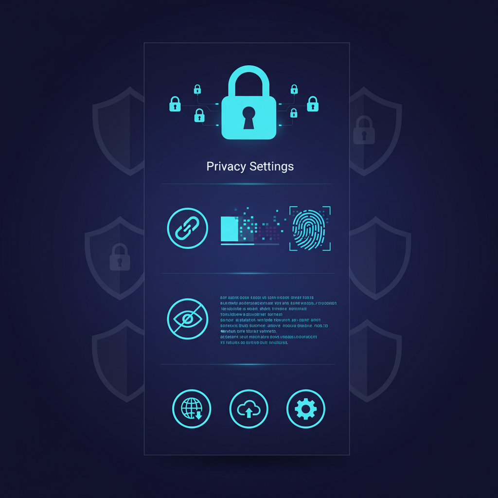 A secure mobile app interface showing privacy settings with lock icons and encrypted data symbols, modern digital security concept, dark blue gradient background with shield graphics, professional tech illustration style, no text